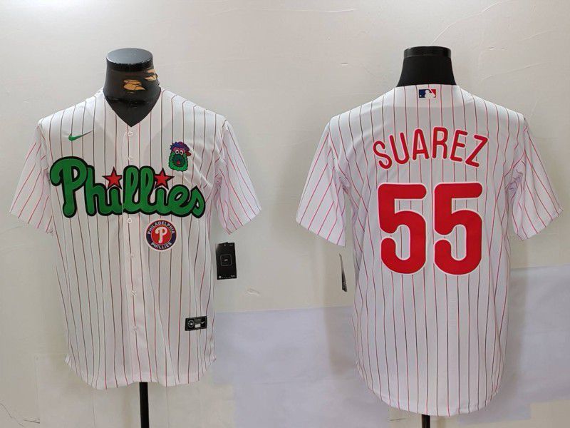 Men Philadelphia Phillies #55 Suarez White stripe Second generation Joint Name 2024 Nike MLB Jersey style 3->philadelphia phillies->MLB Jersey